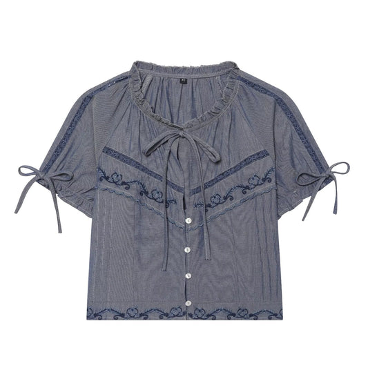 Women's bow decoration embroidered shirt