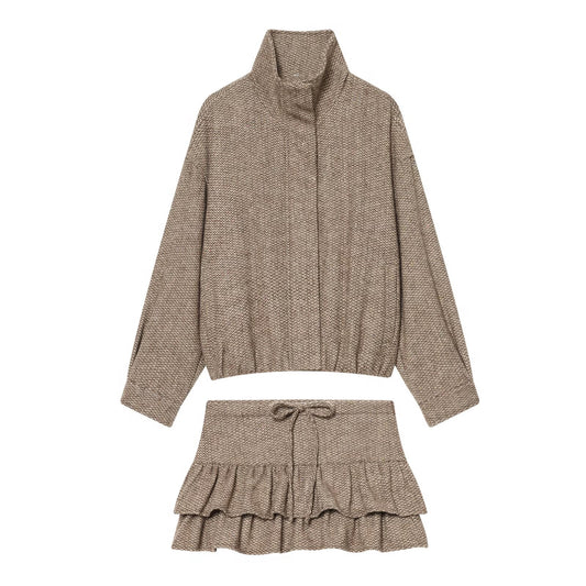 suit Women's 2 pieces standing collar herringbone diagonal jacket Coat +Skirts