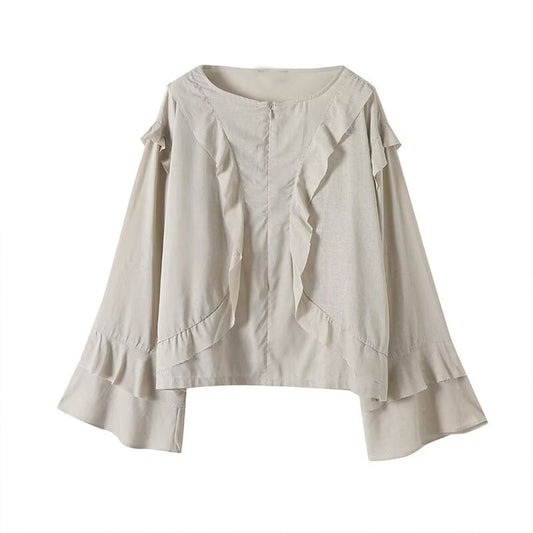 Women's new fashion ruffle edge decoration long sleeved zipper shirt