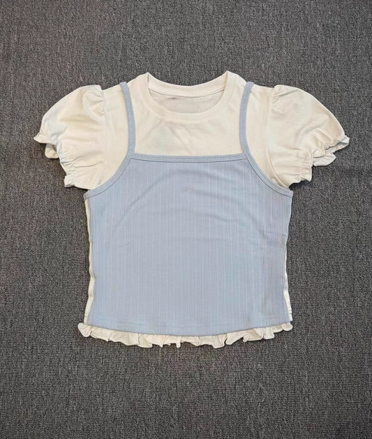 Women's new casual bubble sleeve fake two-piece short-sleeved T-shirt