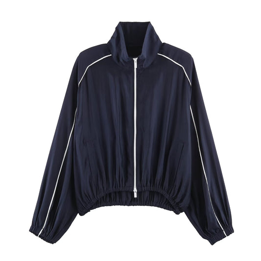 Women's stand collar contrasting striped loose Coat