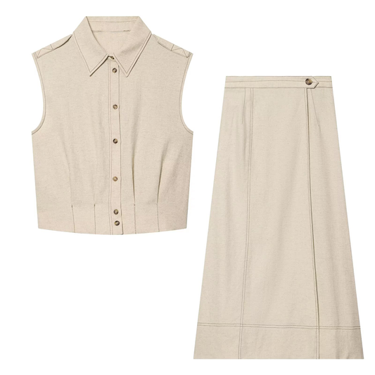 suit Women's 2 pieces Short Line Blended sleeveless Top+skirt