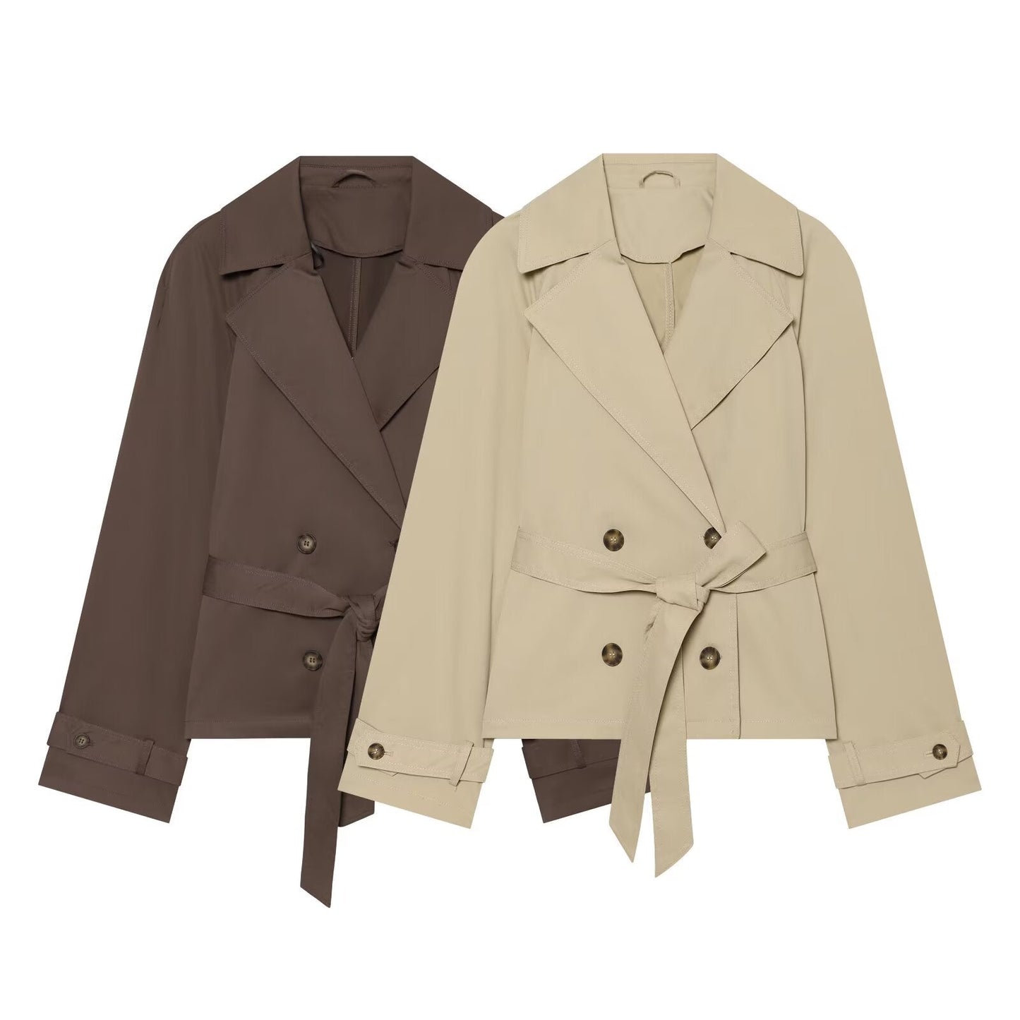 Women's With Belt Short Double breasted Windbreaker Coat