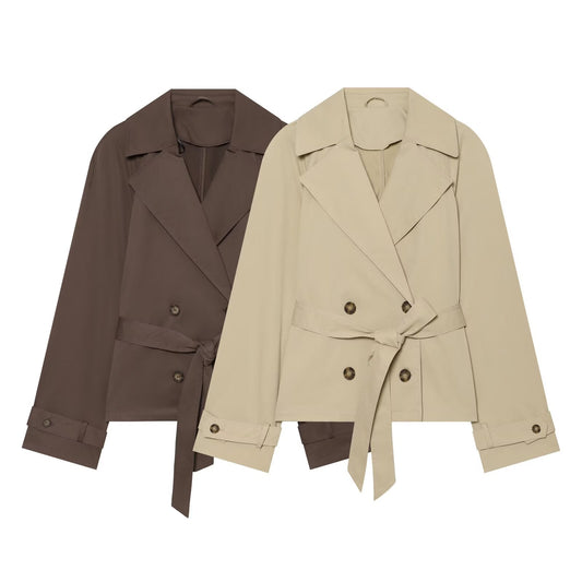 Women's With Belt Short Double breasted Windbreaker Coat