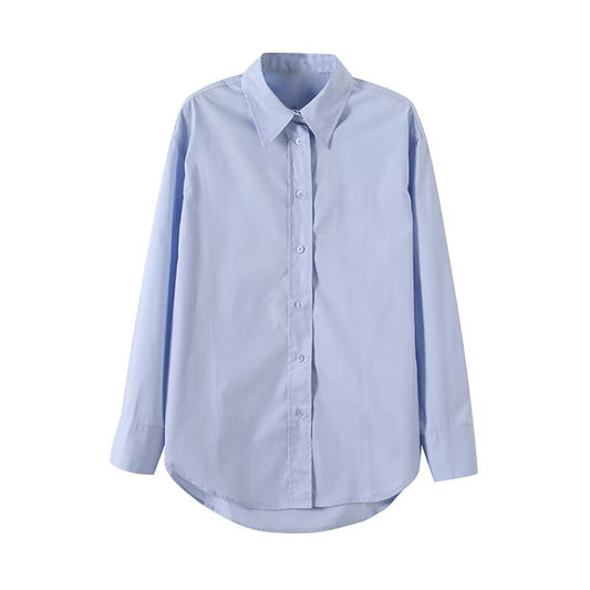 Women's new fashion loose basic style solid cotton long sleeved shirt
