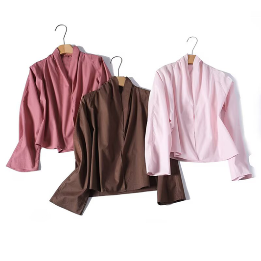 Women's long sleeved linen blended V-neck shirt