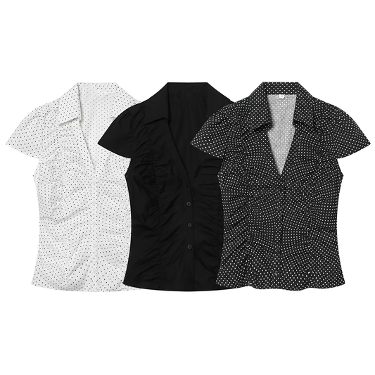 Women's pleated decorative polka dot poplin top