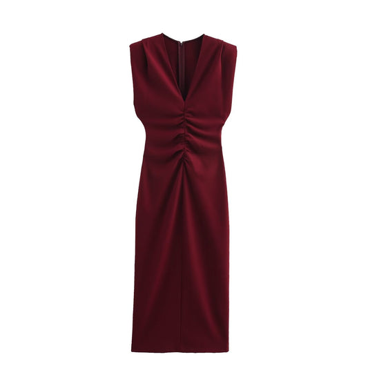 Women's new chic Fashion pleated decoration sexy slim fit V Neck Midi dress retro sleeveless back zipper women's dress Mujer