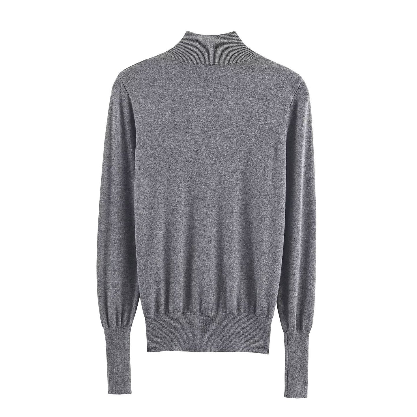 Women's buckle decoration slim stand collar knitted sweater