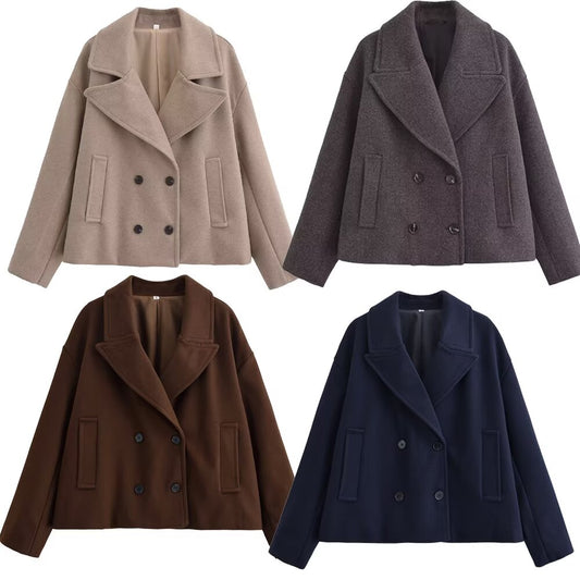 Women's new warm short Double breasted woolen coat