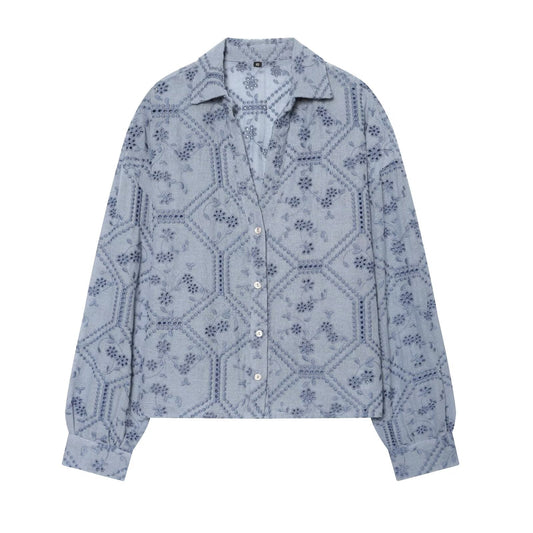 Women's hollowed out embroidered lapel shirt