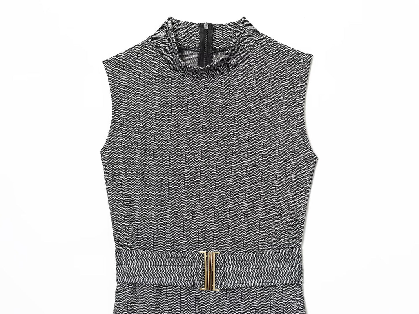 Women's New Fashion With Belt Sleeveless Twill Midi Dress