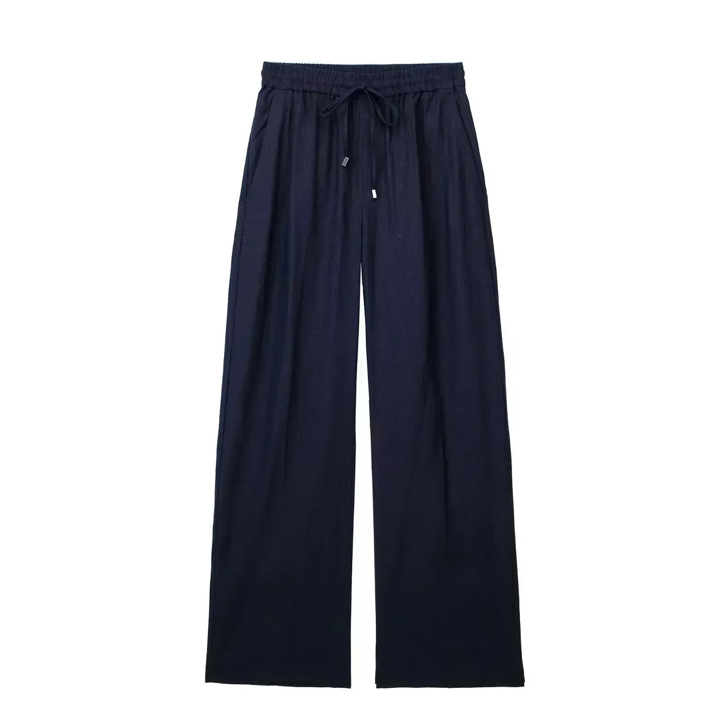 Women's New Chic Fashion Loose Side Pocket Linen Blended Wide Leg Pants Retro Elastic Waist Drawstring Women's Pants Mujer