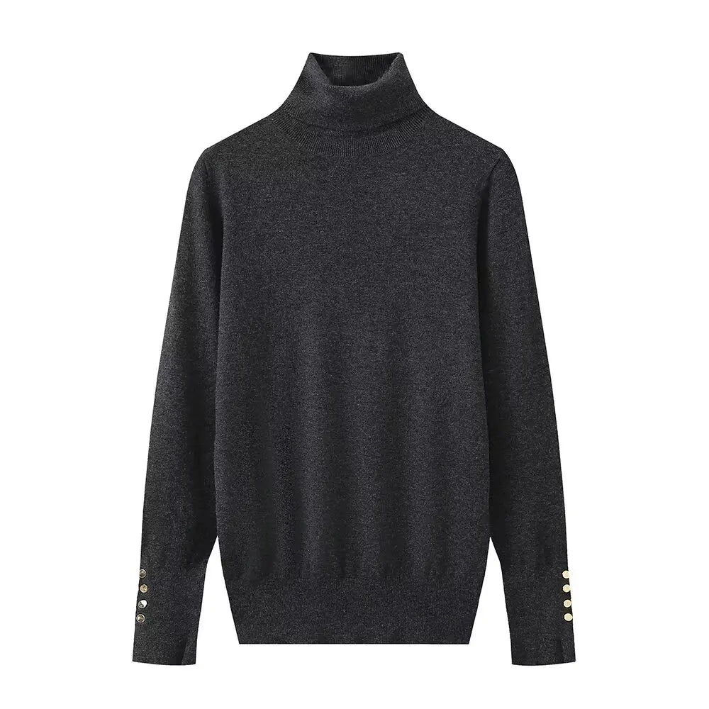 Women's new fashion Cuff button decoration casual versatile basic style knitted top retro high neck women's pullover chic top