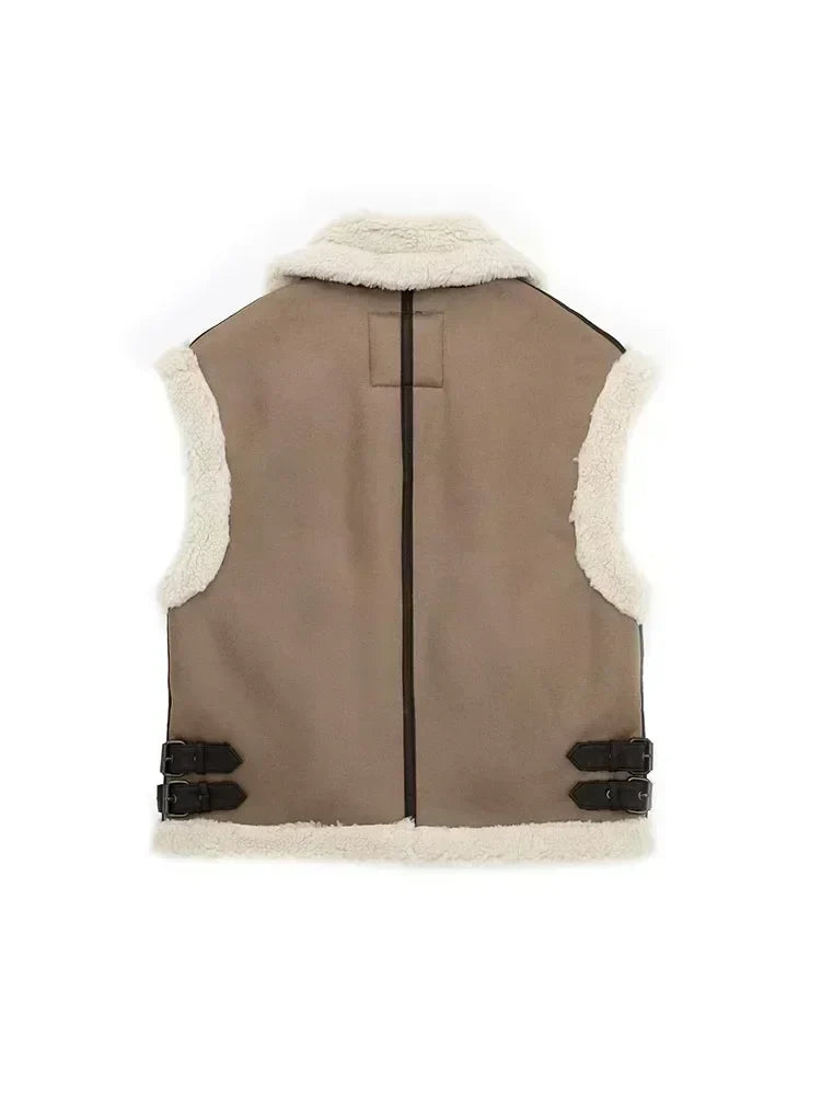 Women 2024 autumn New Fashion Fleece stitching vest Vintage Sleeveless  Pockets Female Waistcoat Chic Tops
