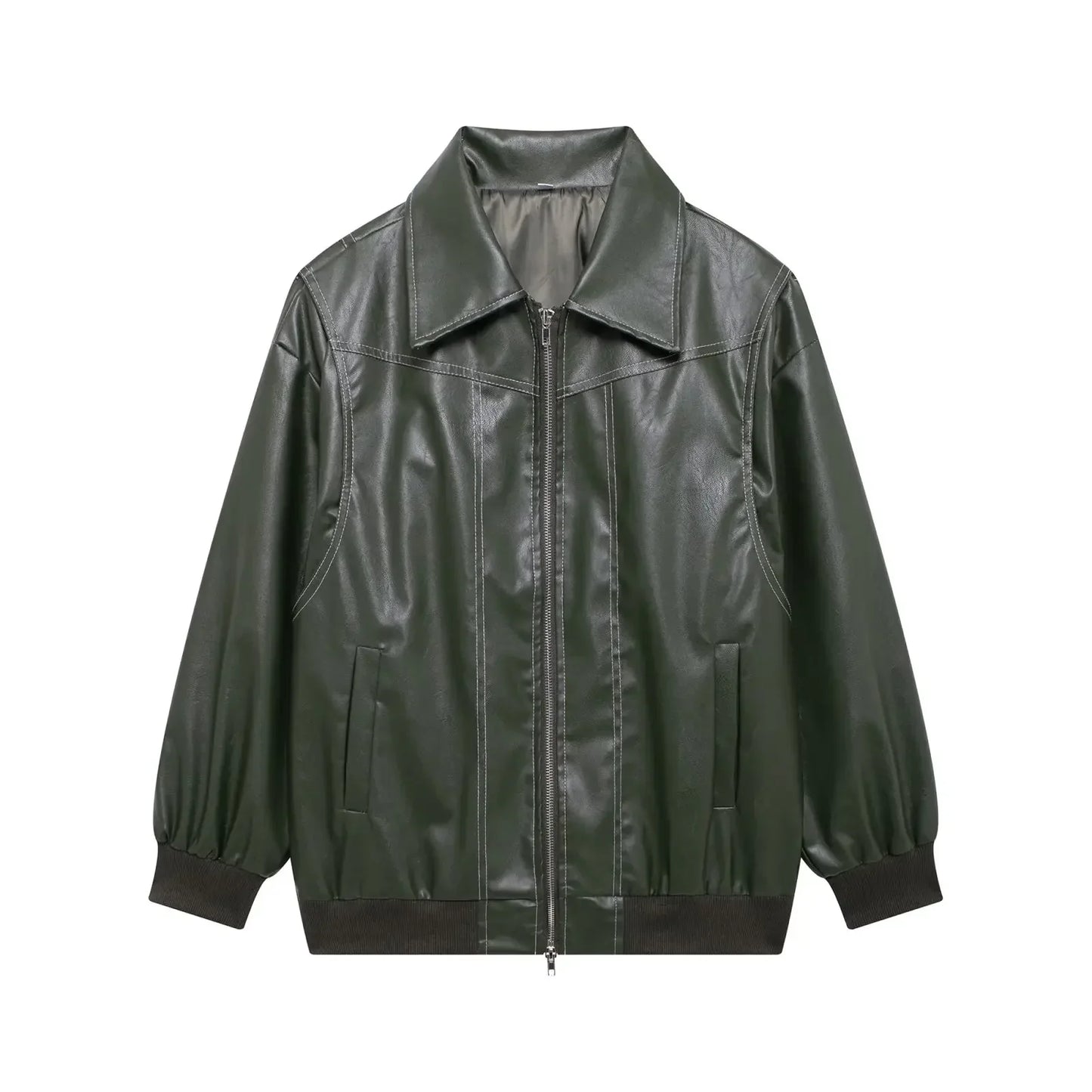 Women's new Fashion loose side pocket casual imitation leather jacket coat retro lapel long sleeved women's coat chic top
