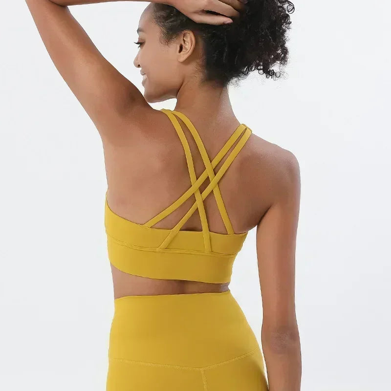 Yoga New Double-sided Sanding Cross Back Sports Bra Shockproof Gathered Yoga Bra Fitness.