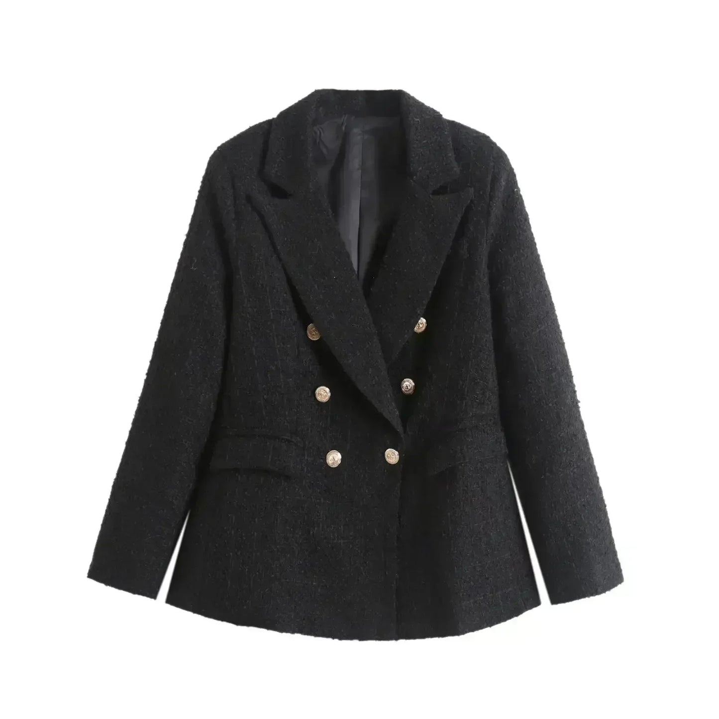 Women 2022 New Fashion Double Breasted Tweed Blazer Coat Vintage Long Sleeve Pockets Female Outerwear Chic