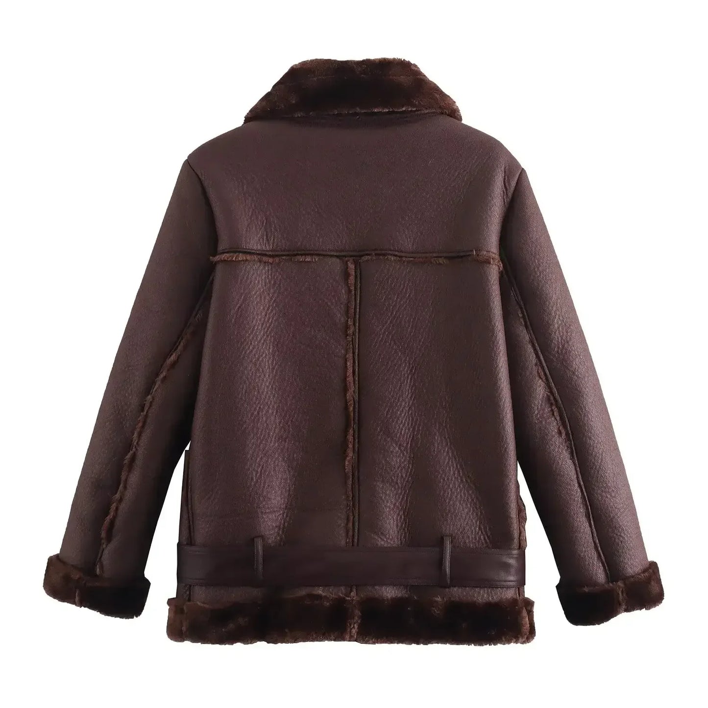 Women's new Fashion With Belt casual thick warm Fur Faux Leather jacket retro long sleeved zipper pocket women's Coat chic top