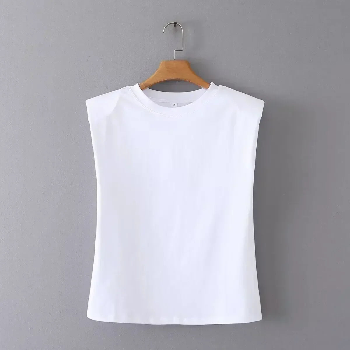 Women's New Fashion Shoulder Cushion Design Loose O Neck Casual Stripe T-shirt Top Retro Sleeveless Women's T-shirt
