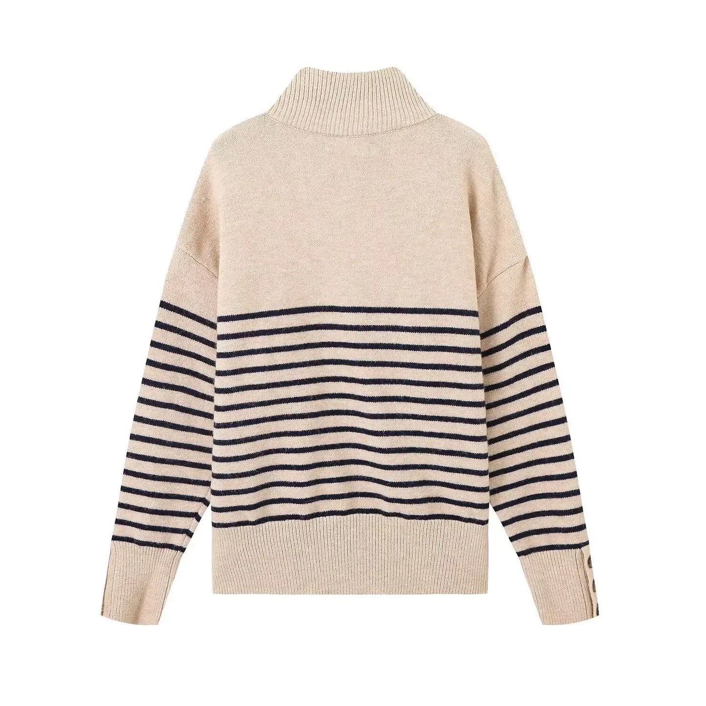 Women's new fashion button up decoration casual stand Neck striped knitted sweater retro long sleeved women's pullover chic top
