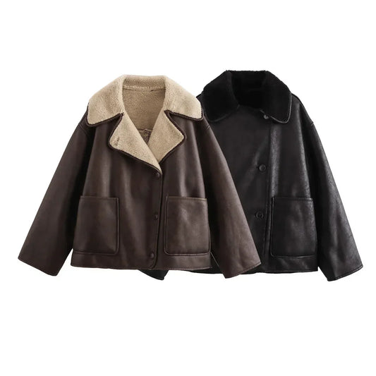 Women's new fashion pocket decoration loose warm Fur Faux Leather jacket Coat retro long sleeved button up women's Coat chic top
