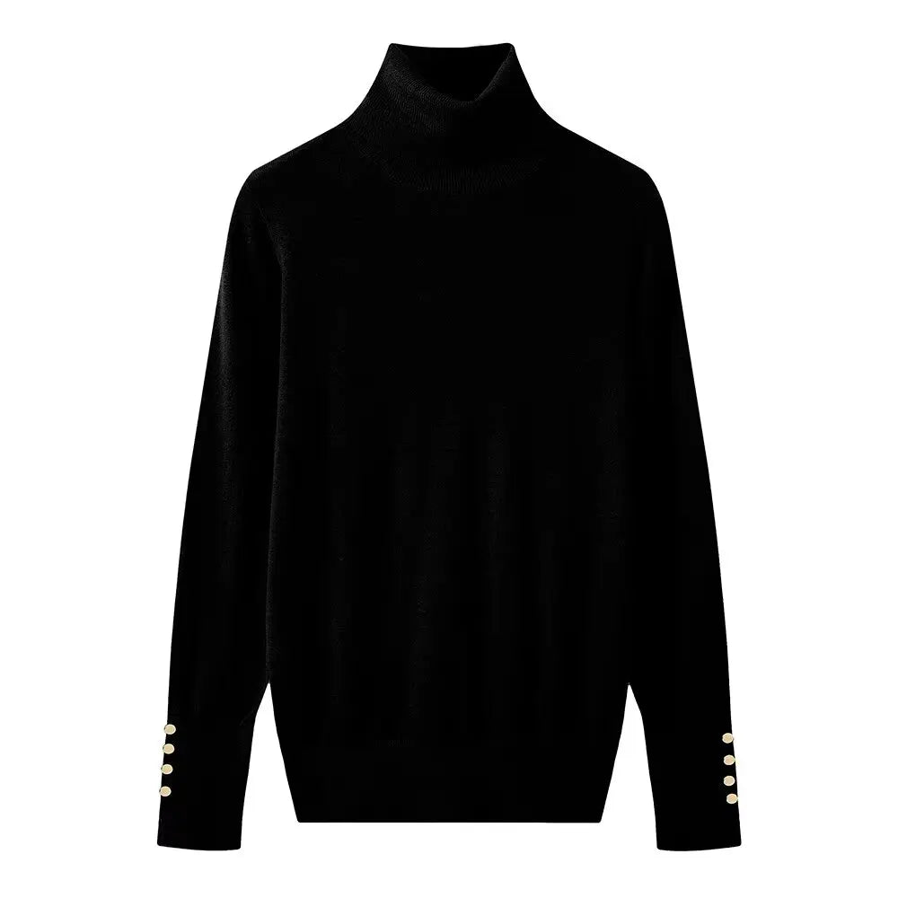 Women's new fashion Cuff button decoration casual versatile basic style knitted top retro high neck women's pullover chic top