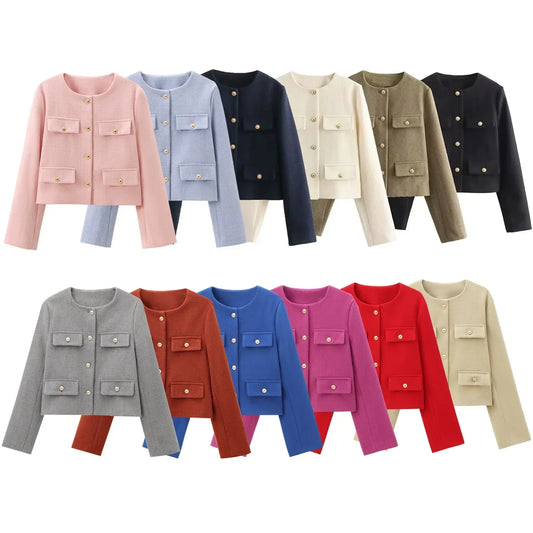 Women's 2024 New Fashion Flip Decoration Short Texture O Neck Suit Coat Vintage Long sleeved Button up Women's Coat Chic Top