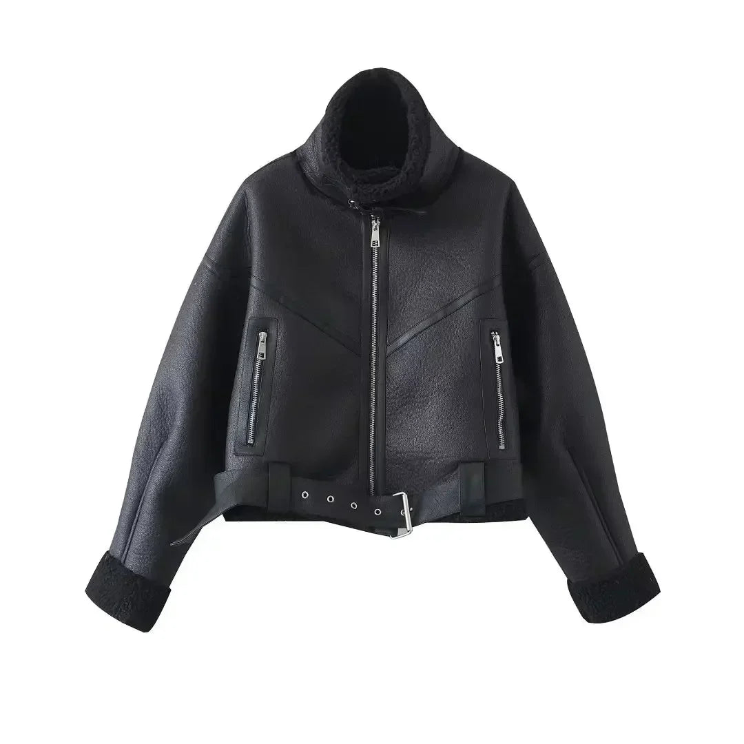 Women New Fashion With belt Cropped Fur Faux Leather Locomotive style Jacket Coat Vintage Long Sleeve Female Outerwear Chic Tops