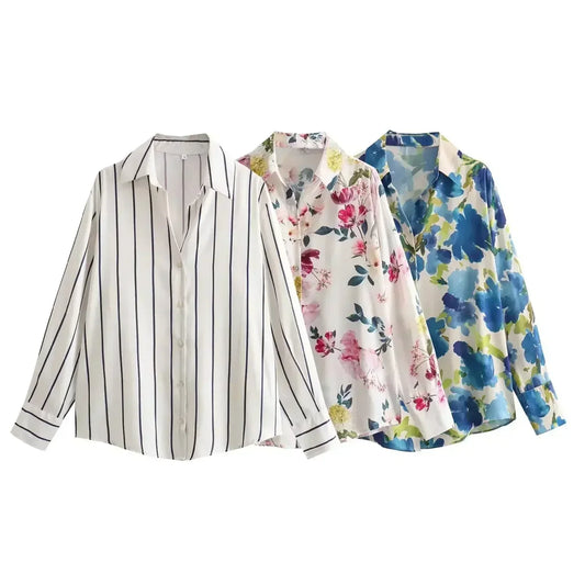 Women's new fashion loose satin texture shirt casual floral print shirt retro long sleeved Button up women's shirt chic top