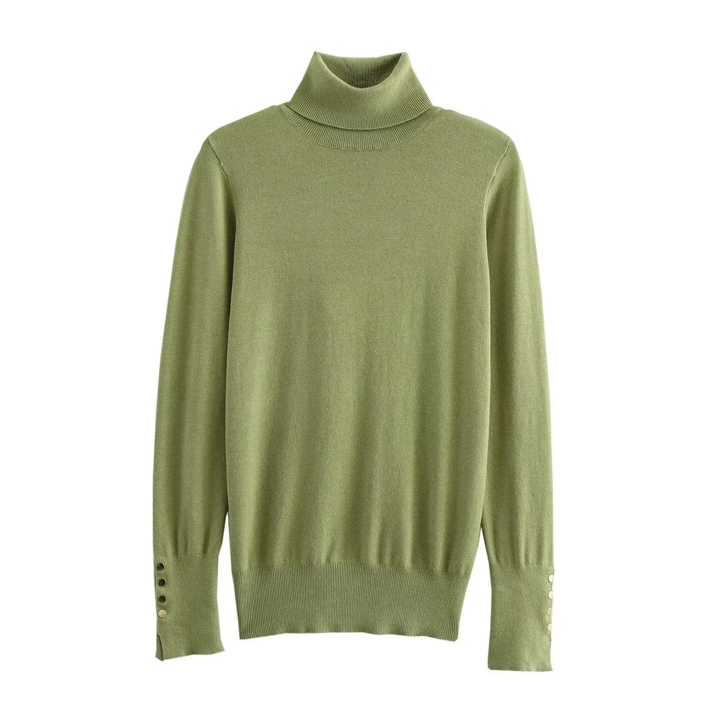 Women's new fashion Cuff button decoration casual versatile basic style knitted top retro high neck women's pullover chic top
