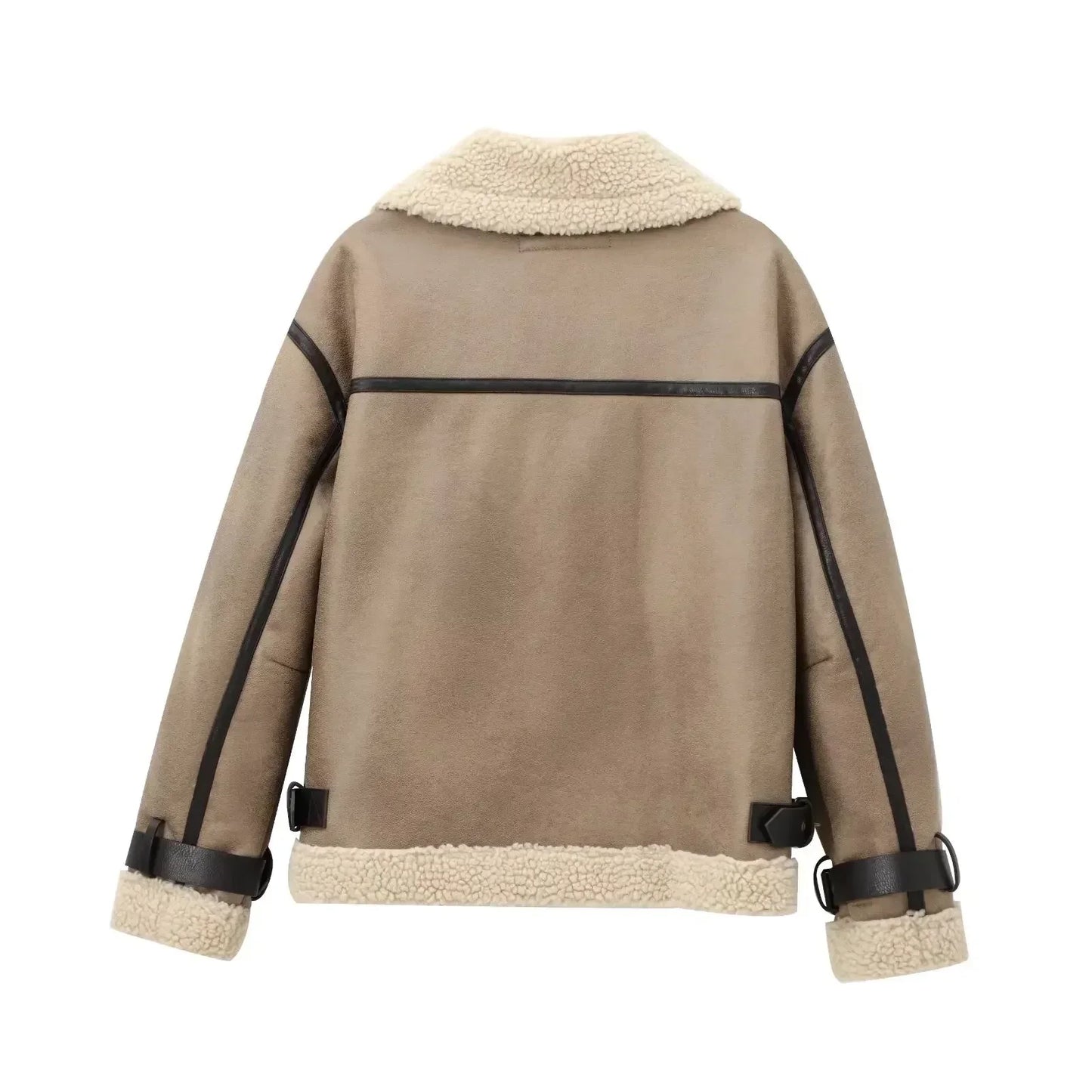 Women's 2024 new fashion casual double-sided Fur Faux Leather jacket coat retro long sleeved zipper pocket women's coat chic top