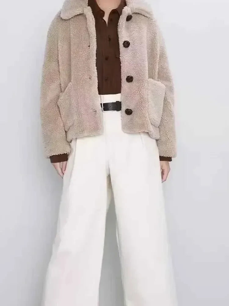 Women's 2024 New Fashion Loose Single breasted Thick Warm Lapel Fleece Coat Retro Long Sleeve Pocket Women's Coat Chic Top