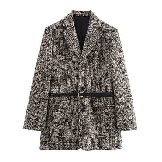 Ladies' new fashion with Belt flap pocket decoration loose striped suit coat retro long sleeved button up women's coat chic top