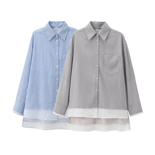 Women's new fashion pocket decoration asymmetrical shirt poplin striped shirt retro long sleeved button up Female shirt chic top