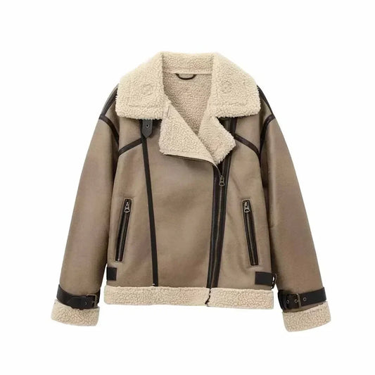 Women's 2024 new fashion casual double-sided Fur Faux Leather jacket coat retro long sleeved zipper pocket women's coat chic top