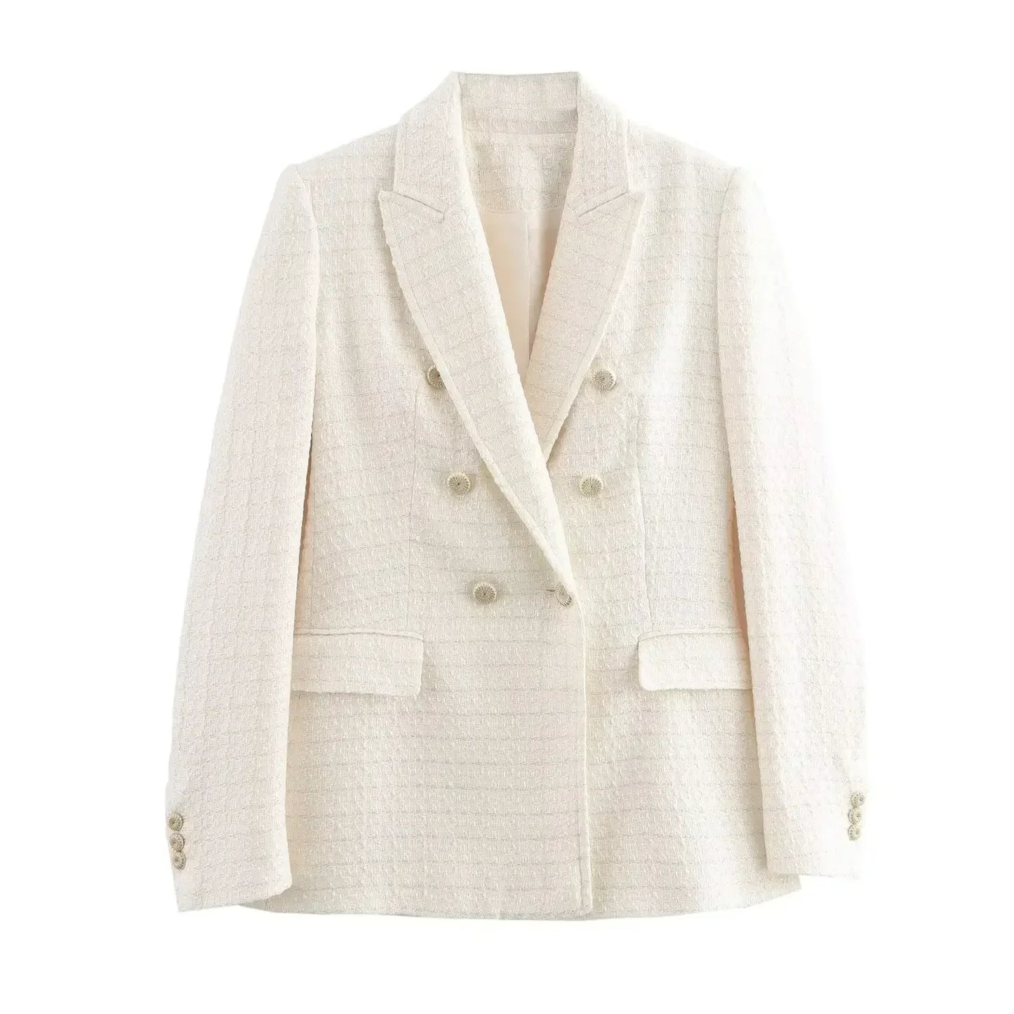 Ladies' new fashion Flip decoration slim double breasted Tweed Check textured suit coat retro long sleeved women's coat chic top