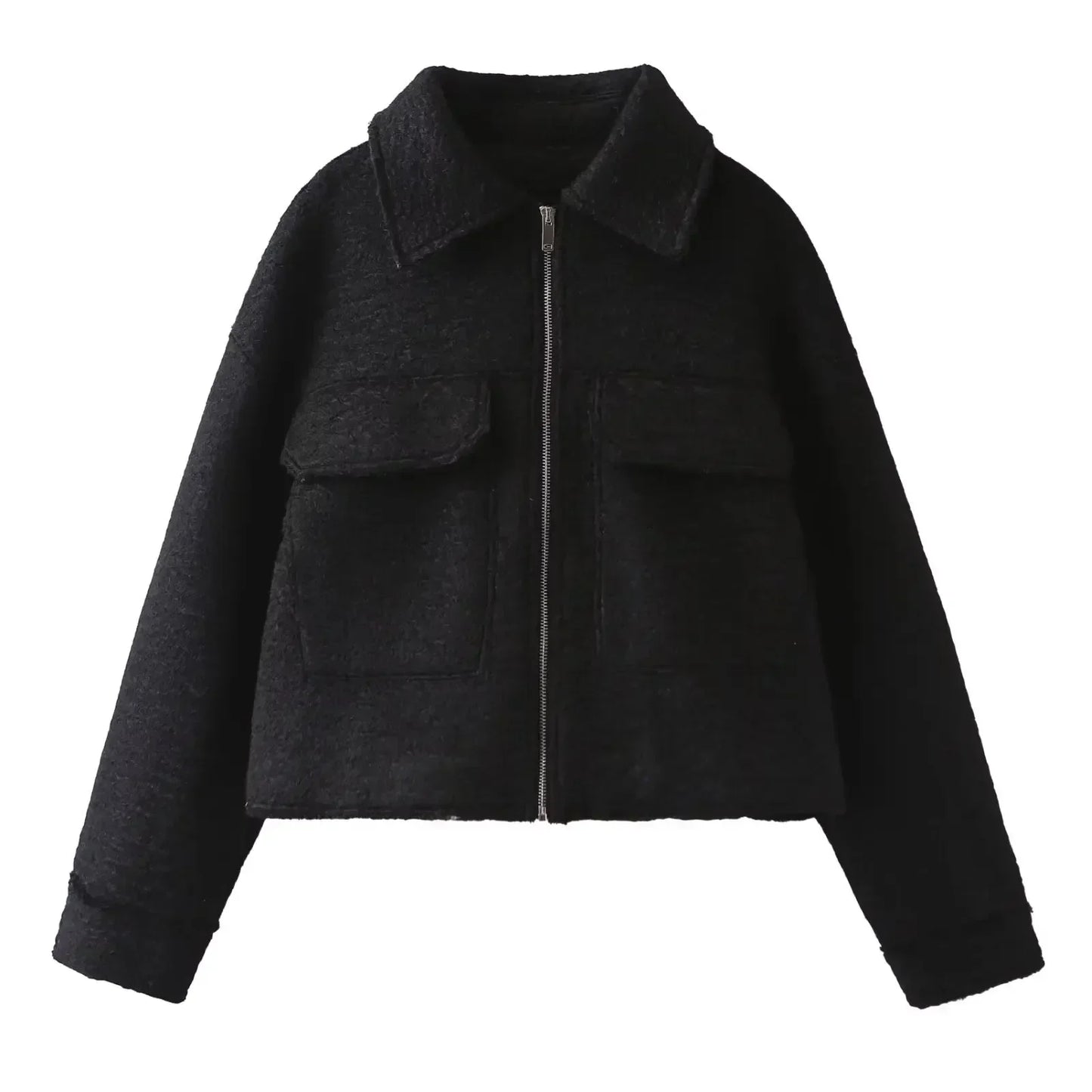 Women's new fashion flip pocket decoration casual short lapel Woolen jacket coat retro long sleeved zipper women's coat chic top