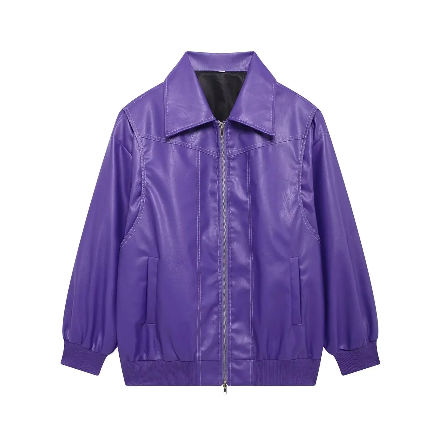 Women's new Fashion loose side pocket casual imitation leather jacket coat retro lapel long sleeved women's coat chic top