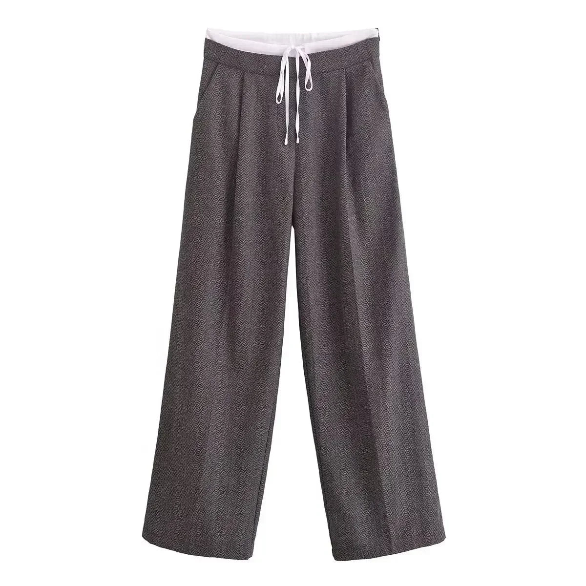 Women's 2024 New Fashion Double Layer Waist Lace up Design Casual Versatile Wide Leg Pants Retro Side Zipper Women's Pants