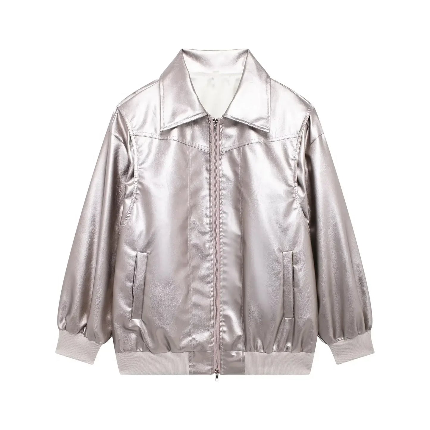 Women's new Fashion loose side pocket casual imitation leather jacket coat retro lapel long sleeved women's coat chic top