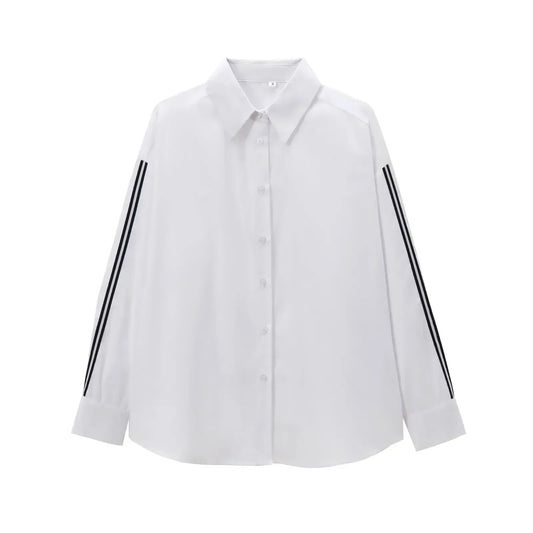 Women's New Fashion Side Striped Decorative Loose Single breasted Poplin Shirt Vintage Long sleeved Women's Shirt Unique