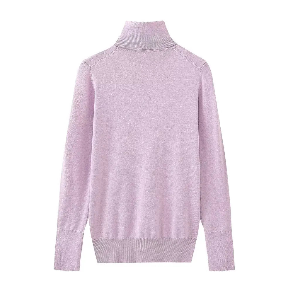 Women's new fashion Cuff button decoration casual versatile basic style knitted top retro high neck women's pullover chic top
