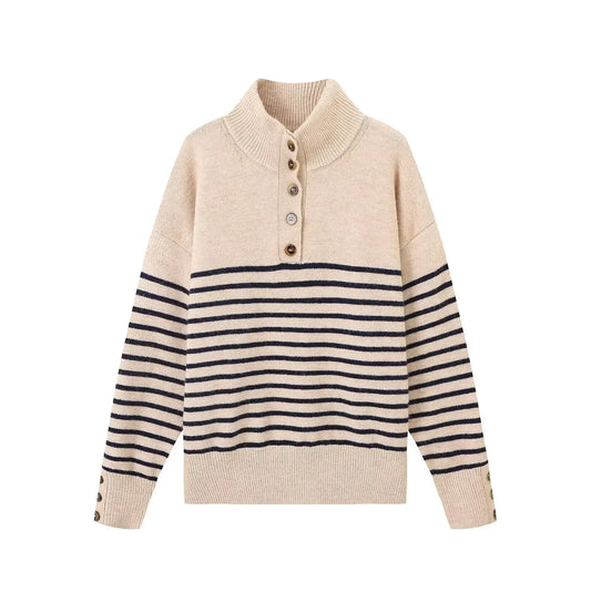Women's new fashion button up decoration casual stand Neck striped knitted sweater retro long sleeved women's pullover chic top