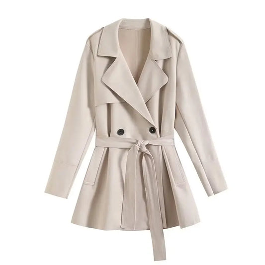 Women's new fashion with belt loose suede effect double breasted lapel coat retro long sleeved side pocket women's coat chic top