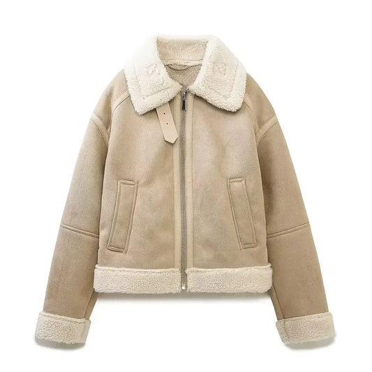 Women's new Fashion belt decoration casual double-sided Fur Faux Leather jacket retro long sleeved zipper women's Coat chic top
