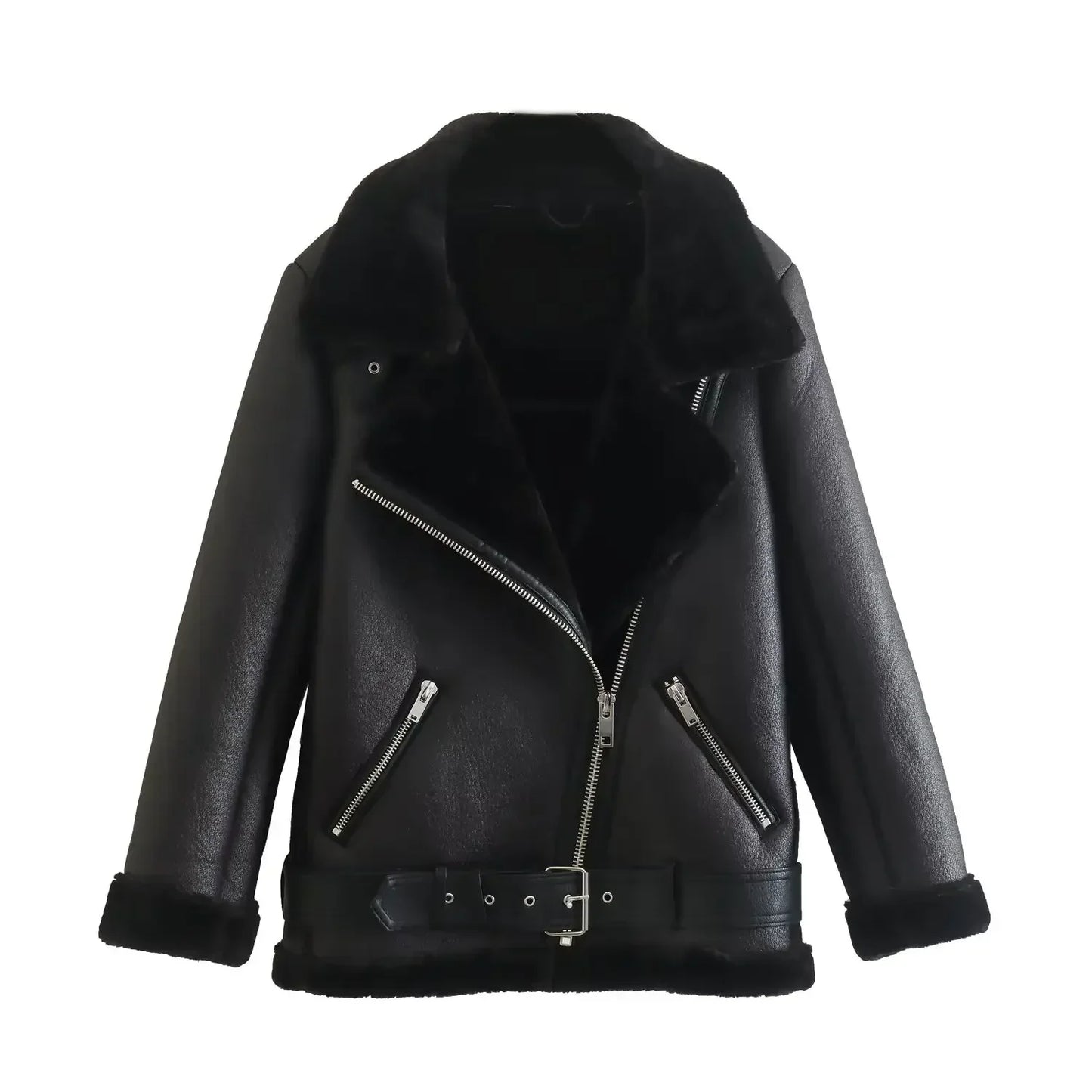 Women's new Fashion With Belt casual thick warm Fur Faux Leather jacket retro long sleeved zipper pocket women's Coat chic top
