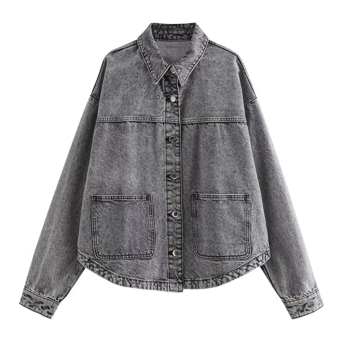 Women's new fashion large pocket decoration loose casual denim jacket coat retro long sleeved Button up women's coat chic