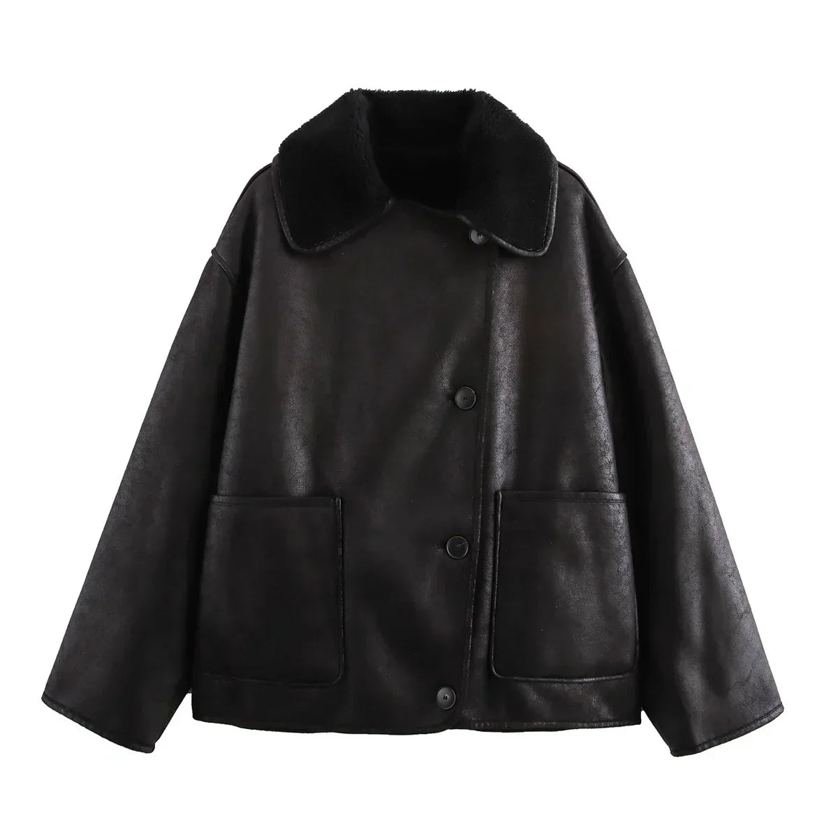 Women's new fashion pocket decoration loose warm Fur Faux Leather jacket Coat retro long sleeved button up women's Coat chic top