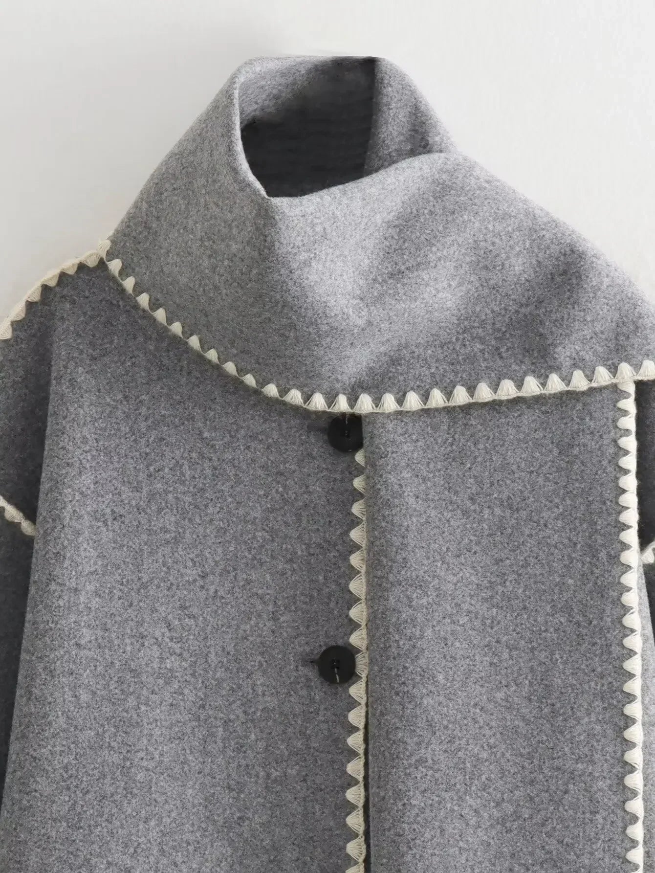 Women's new fashion scarf decoration loose single breasted patchwork woolen coat retro long sleeved pocket women's coat Chic top